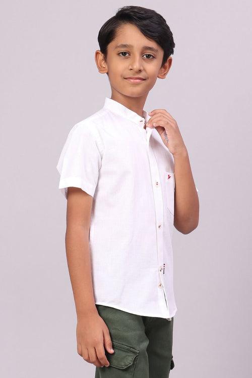 KIDS - White Cotton Linen Chinese Collar -Half-Stain Proof Shirt