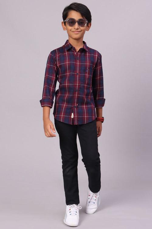 KIDS - Maroon & Navy Checks-Full-Stain Proof Shirt