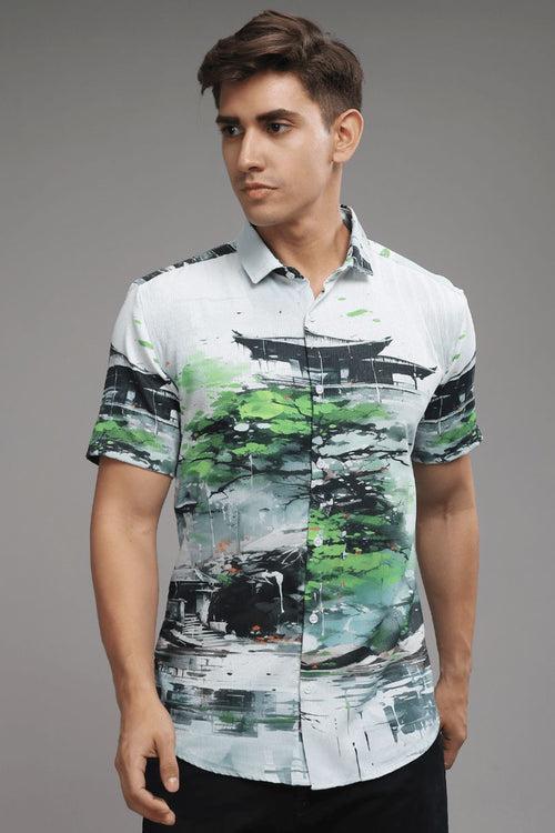 Green Temple Printed Shirt - Half - Wrinkle Free