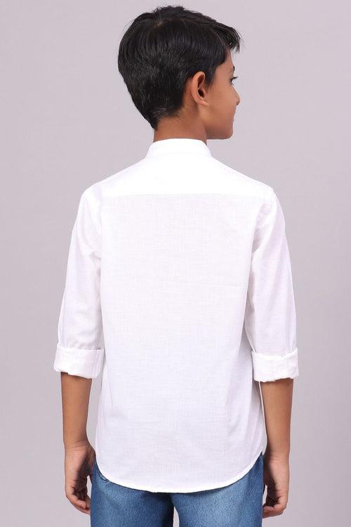 KIDS - White Cotton Linen Chinese Collar -Full-Stain Proof Shirt