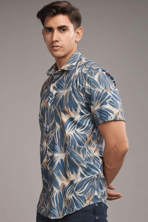 Blue & Golden Leaf Printed Shirt - Half - Wrinkle Free