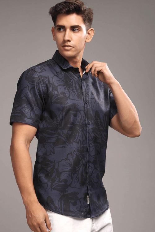 Blue & Black Floral Printed Shirt -Half- Wrinkle Free