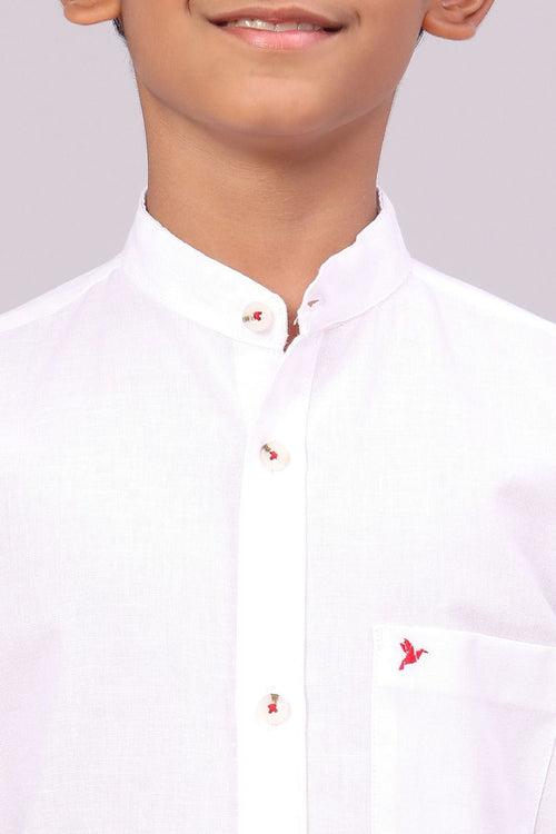 KIDS - White Cotton Linen Chinese Collar -Half-Stain Proof Shirt