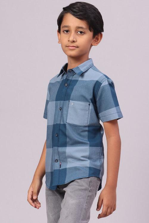 KIDS - Teal Blue Box Checks-Half-Stain Proof Shirt