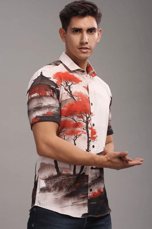 Fuji Red Printed Shirt - Half - Wrinkle Free