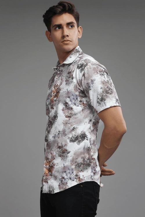 Misty White Multi Leaf Printed shirt - Half - Wrinkle Free