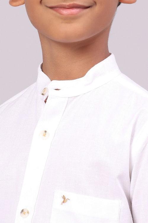 KIDS - White Cotton Linen Chinese Collar -Full-Stain Proof Shirt