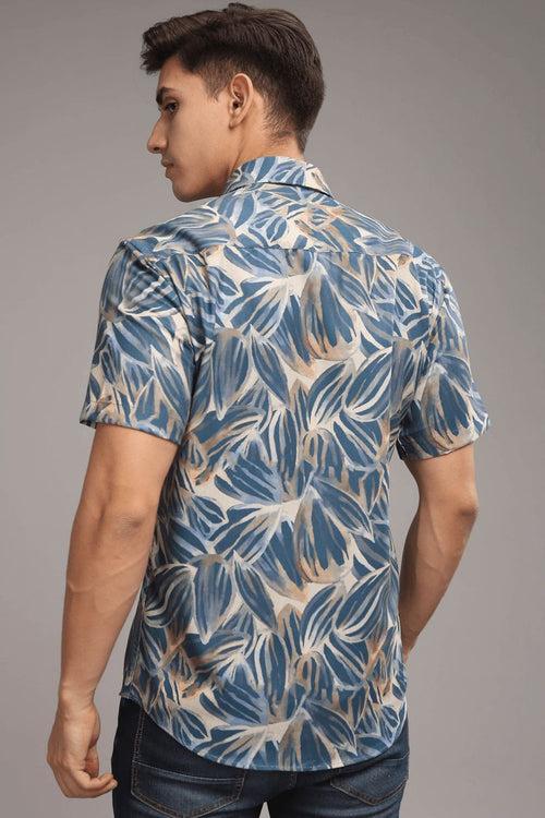 Blue & Golden Leaf Printed Shirt - Half - Wrinkle Free