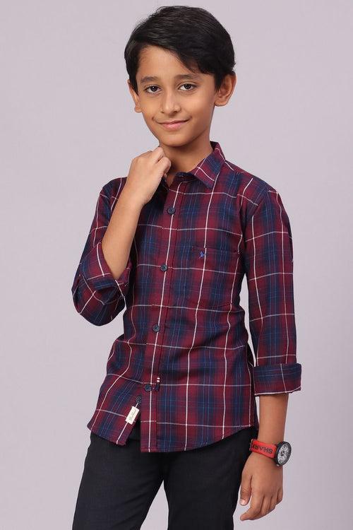 KIDS - Maroon & Navy Checks-Full-Stain Proof Shirt