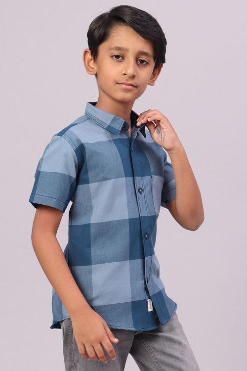 KIDS - Teal Blue Box Checks-Half-Stain Proof Shirt