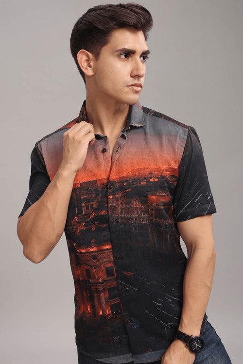 Mountain Black Printed Shirt - Half - Wrinkle Free