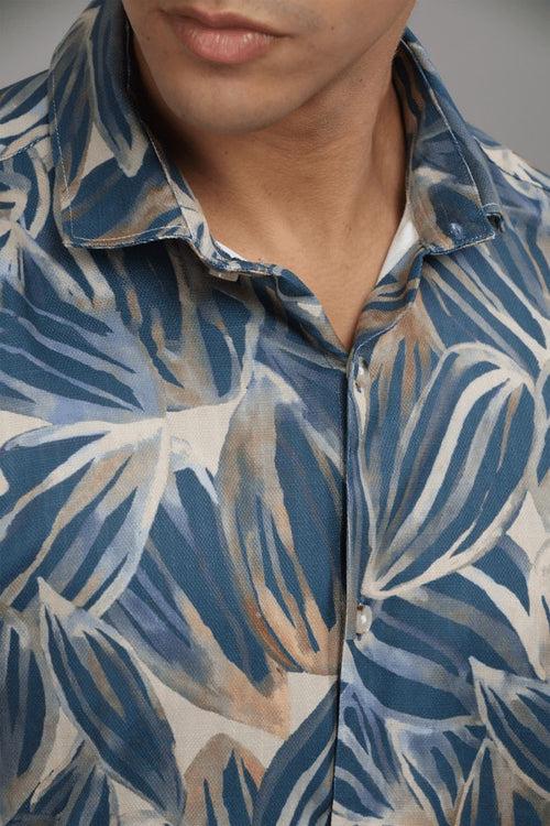 Blue & Golden Leaf Printed Shirt - Full - Wrinkle Free