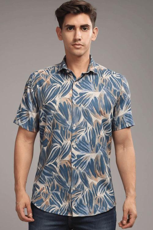 Blue & Golden Leaf Printed Shirt - Half - Wrinkle Free