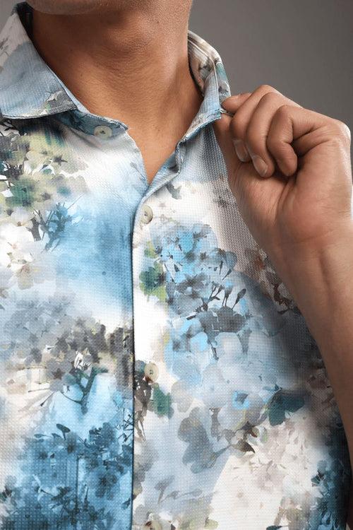 Pearl Blue Leaf Printed shirt - Half - Wrinkle Free