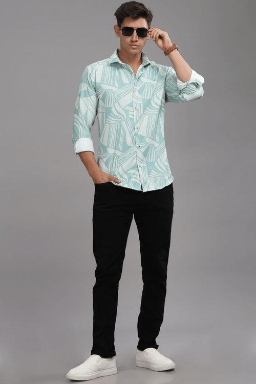 Lite Turquoise Green Printed Shirt -Full- Wrinkle Free