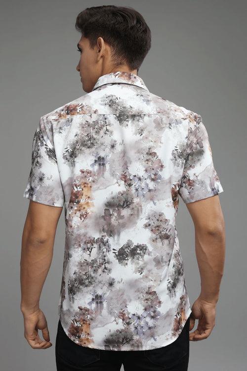 Misty White Multi Leaf Printed shirt - Half - Wrinkle Free