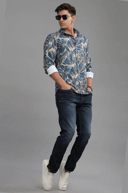 Blue & Golden Leaf Printed Shirt - Full - Wrinkle Free