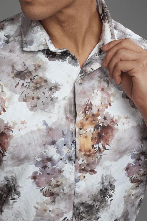 Misty White Multi Leaf Printed shirt - Half - Wrinkle Free