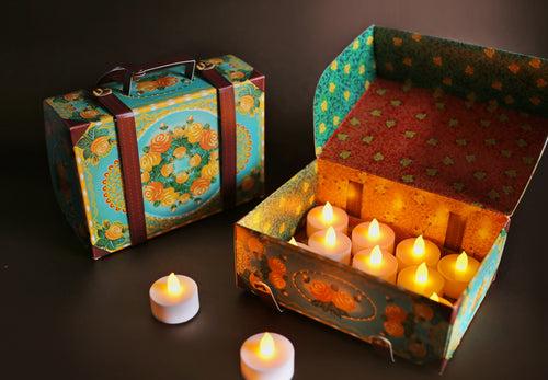 Festive Gift Pack: Blue Suitcase Gift Box with 12 electric tea lights