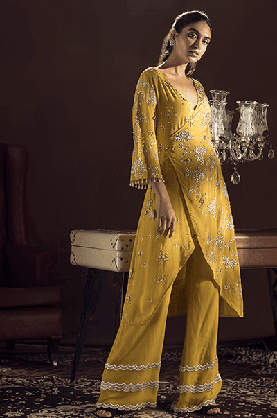 <b>SANYA GULATI</b><br>Mustard Kimono Wrap Kurta and Pants