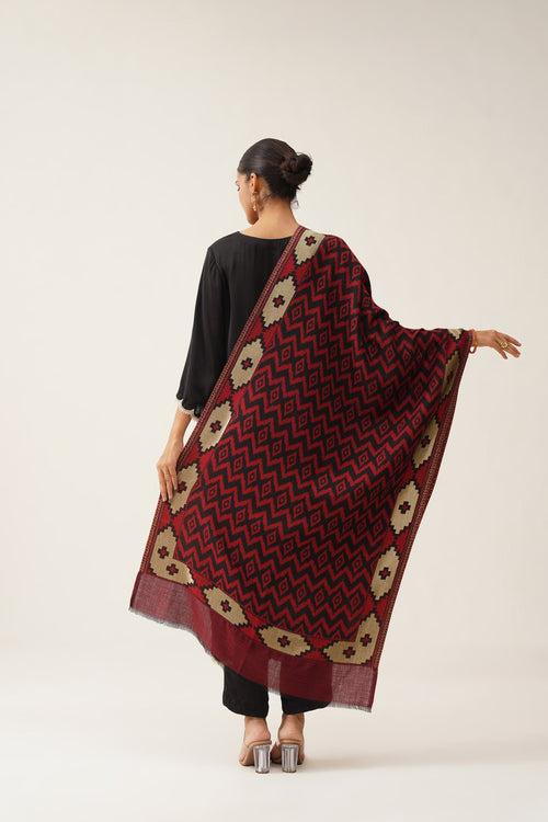 Red Ikat Woollen Shawl With Lurex