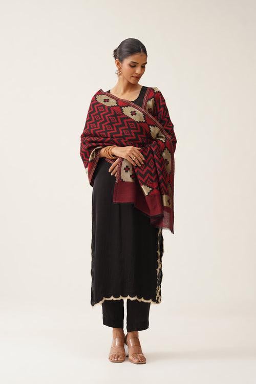 Red Ikat Woollen Shawl With Lurex