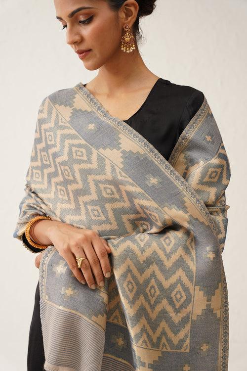 Ikat Grey Lurex Woollen Shawl