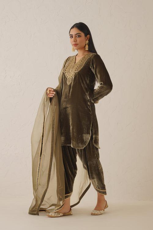 Olive Green Pure Velvet Hand Embroidered Suit Set