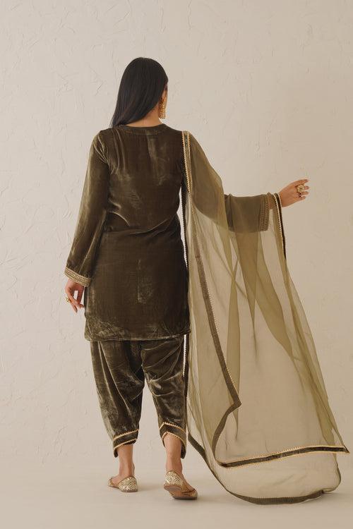 Olive Green Pure Velvet Hand Embroidered Suit Set