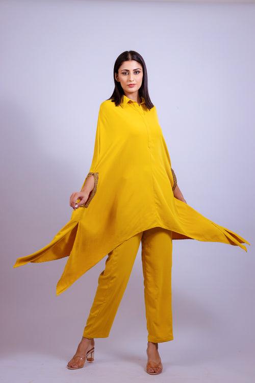 Mustard Yellow Hand Embroidered Kaftaan Co-ord Set