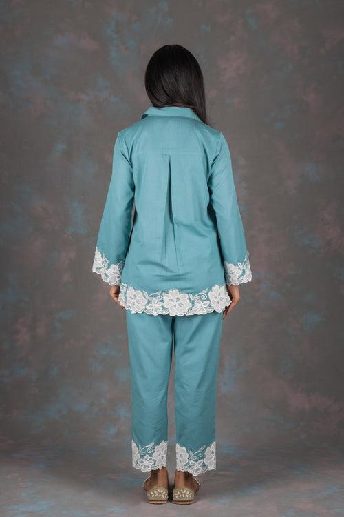 Carolina Blue Embroidered Cotton Co-ord Set