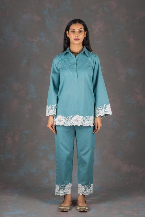 Carolina Blue Embroidered Cotton Co-ord Set