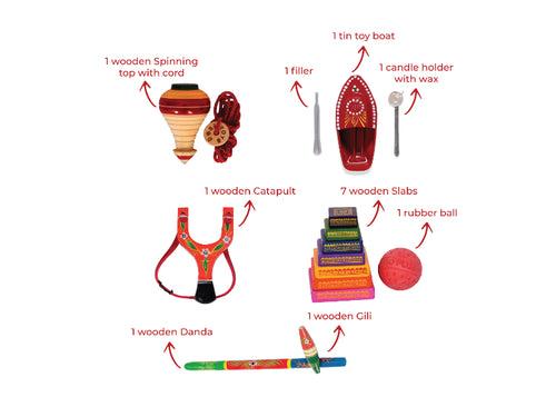 Desi Khel Pack of 5/ Iconic & Classic Indian Games & Indian Toys with Spinning Top, Slingshot Gulel, Seven Stones Lagori, Gili Danda & Steam Toy Boat