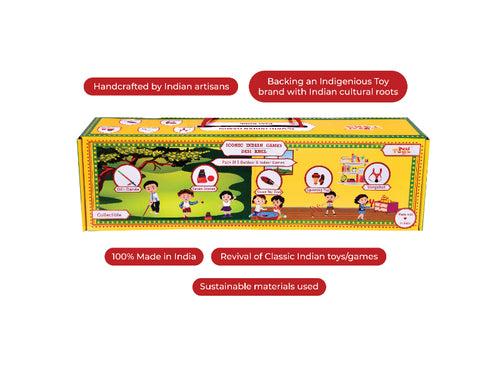 Desi Khel Pack of 5/ Iconic & Classic Indian Games & Indian Toys with Spinning Top, Slingshot Gulel, Seven Stones Lagori, Gili Danda & Steam Toy Boat