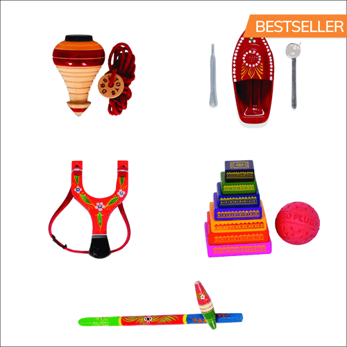 Desi Khel Pack of 5/ Iconic & Classic Indian Games & Indian Toys with Spinning Top, Slingshot Gulel, Seven Stones Lagori, Gili Danda & Steam Toy Boat