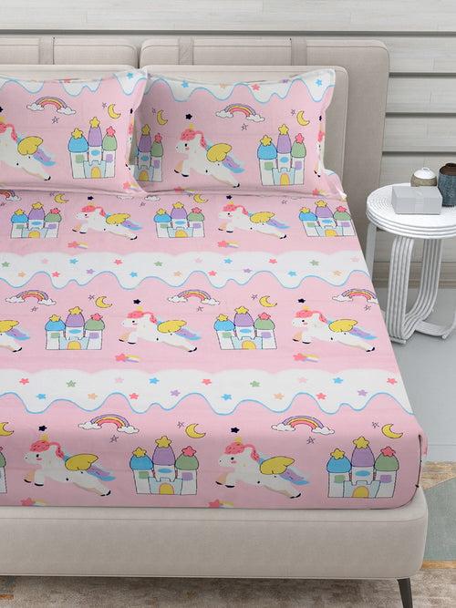 Klotthe Pink Cartoon Characters 300 TC Cotton Blend Double Bedsheet with 2 Pillow Covers