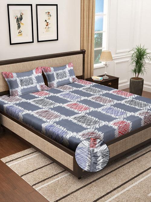 Klotthe Multicolor Geometric 300 TC Cotton Blend Fitted Double Bedsheet with 2 Pillow Covers