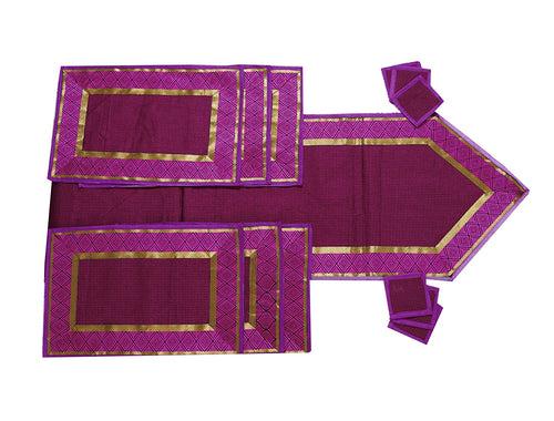 Deep Pink Banarasi Handloom Silk Table Runner with 6-Table Mats, 6-Table Coasters