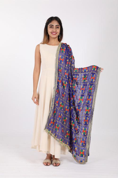 Egyptian Blue Phulkari Pakha Embroidered Chiffon A Dupatta