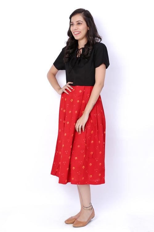 Red And Black Bandhani Cotton Dress