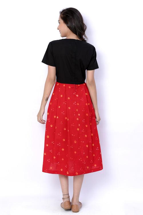 Red And Black Bandhani Cotton Dress