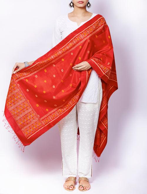 Red Pure Silk Handloom Ikat weave Patan Patola Dupatta