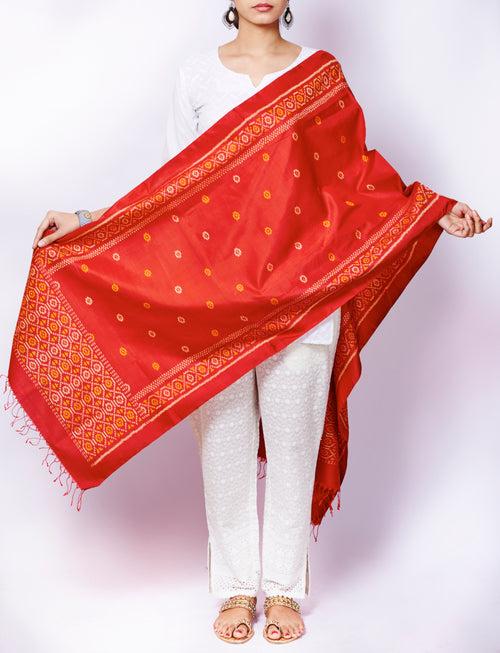 Red Pure Silk Handloom Ikat weave Patan Patola Dupatta