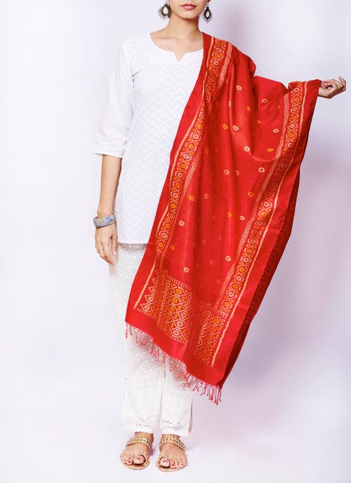 Red Pure Silk Handloom Ikat weave Patan Patola Dupatta