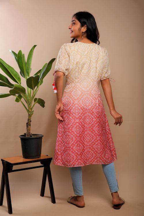 Yellow Pink Bandhani Kurti (30% Off)