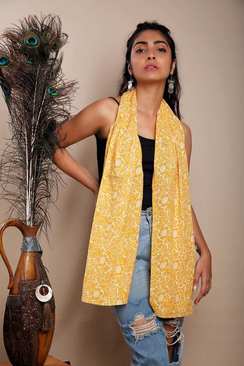 Yellow Block Print Cotton Stole