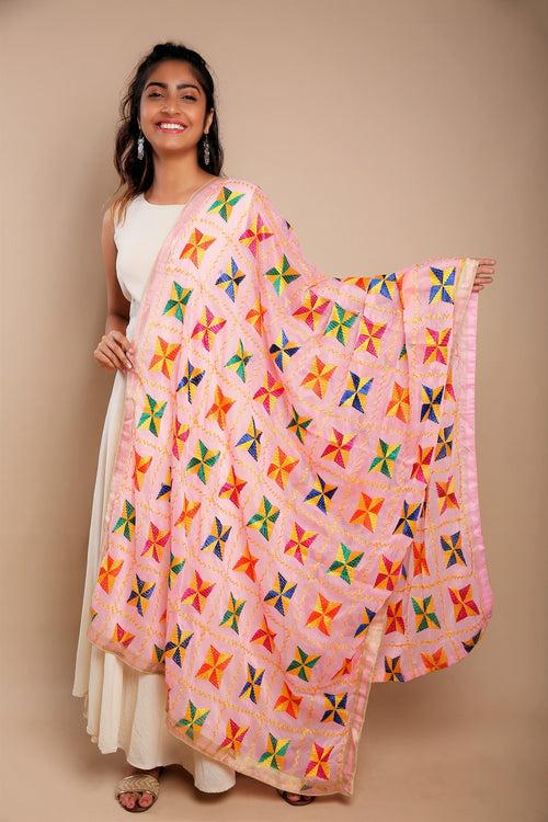 Baby Pink Phulkari Pakha Embroidered Chiffon Dupatta