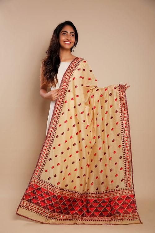 Multicolour Hand Embroidered Resham Phulkari Chanderi Dupatta