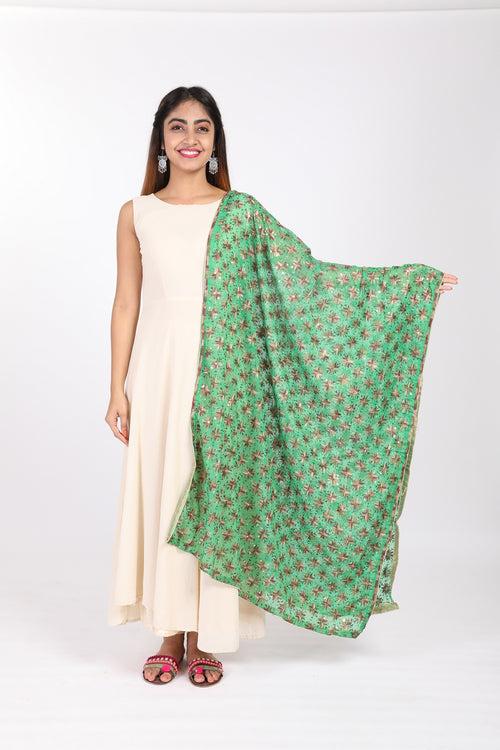 Green Phulkari Embroidered Chiffon Dupatta