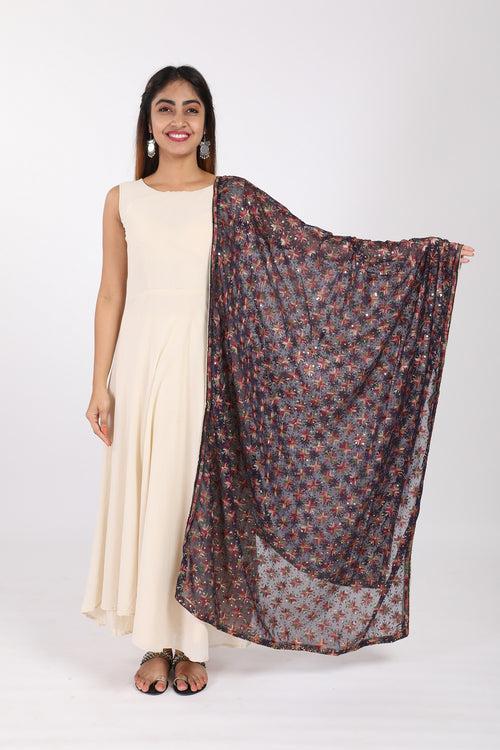 Dark Purple Phulkari Embroidered Chiffon Dupatta